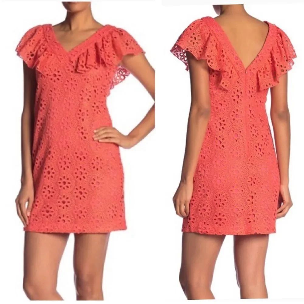 Trina Turk Neriah eyelet lace ruffle coral pink dress size 12
